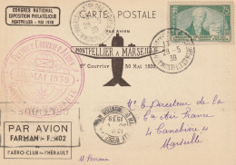 1939-Exposition Philatélique Montpellier-Montpellier/Marseille-Premier Courrier Aérien Par Avion Farman F402 - Philatelic Fairs