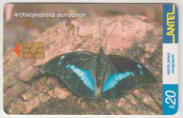 URUGUAY - Archeoprepona Demophon (Butterfly), TC 242a, Chip: GEM5 (Black), 20 $ , Tirage 200.000, Used - Uruguay
