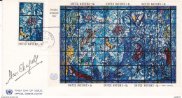 United Nations - New York 1967 FDC Cover - Memorial Window By Marc Chagall - Scott # 179 - Full Souvenir Sheet - Glasses & Stained-Glasses