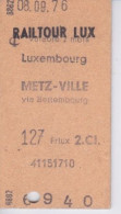TICKET  1976 - LUXEMBOURG - METZ VIA BETTEMBOURG - RAIL TOUR LUX - CHEMINE DE FER 2° CLASSE - Europe