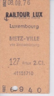 TICKET  1976 - LUXEMBOURG - METZ VIA BETTEMBOURG - RAIL TOUR LUX - CHEMINE DE FER 2° CLASSE - Europa