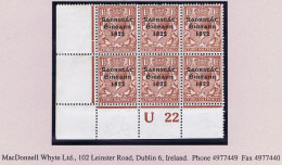 Ireland 1922-23 Thom Saorstát 3-line Overprint In Blue-black On 1½d Brown Corner Block Of 6 Control U22 Perf Plate 2 - Unused Stamps