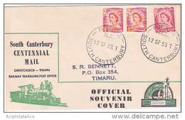 New Zealand 1959 South Cantrerbury Centennial Mail Railway Mail Souvenir Cover - Usati