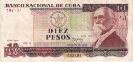 BILLETE DE CUBA DE 10 PESOS DEL AÑO 1991 (BANKNOTE) MAXIMO GOMEZ - Cuba