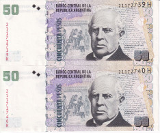 PAREJA CORRELATIVA DE ARGENTINA DE 50 PESOS DEL AÑO 2014 EN CALIDAD EBC (XF) (BANKNOTE) DOMINGO FAUSTINO - Argentine