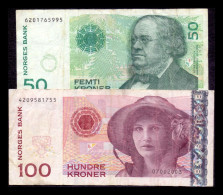 Noruega Norway Set 2 Banknotes 50 100 Kroner 1998 2003 Pick 46a 49a Bc F - Noruega