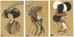 Jugendstil Lot Mit 3 Unsignierten Künstlerkarten Frauen Mit Hut I-II Art Nouveau Femmes - Otros & Sin Clasificación