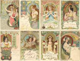 Jugendstil Lot Mit 8 Künstlerkarten Frauen I-II Art Nouveau Femmes - Otros & Sin Clasificación