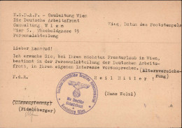 NSDAP Postkarte Der Deutschen Arbeitsfront Gauleitung Wien 1940 An Einen SS-Angehörigen In Schurgast (Schlesien) - Weltkrieg 1939-45