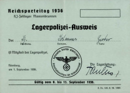 REICHSPARTEITAG NÜRNBERG WK II - Seltener LAGERPOLIZEI-AUSWEIS HJ-Zeltlager MOOREBRUNNEN RP 1936 (senkrecht Gefaltet) - Guerra 1939-45