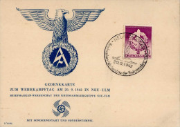 WK II SA Neu-Ulm Gedenkkarte Zum Wehrkampftag 20.9.1942 Mit So-Stempel I-II (Eckbug) - Guerra 1939-45