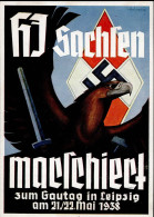 HITLERJUGEND WK II -HJ Marschiert GAUTAG SACHSEN LEIPZIG 1938 S-o Sign. Künstlerkarte I - Weltkrieg 1939-45