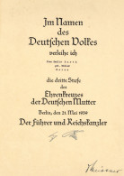 Verleihungsurkunde Ehrenkreuz Der Deutschen Mutter Am 21.5.1939 I-II - Guerre 1939-45