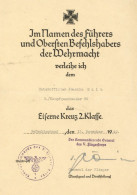 Verleihungsurkunde Eiserne Kreuz 2. Klasse An Unteroffizier Joachim Salm 1940 I-II - Oorlog 1939-45