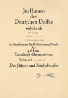 Verleihungsurkunde Goldenes Treudienst-Ehrenzeichen 1938, Sign. Führer Und Reichskanzler I-II - Oorlog 1939-45