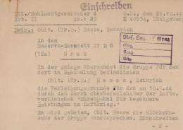 WK II Dokumente Einschreiben Für Oblt. Hesse, Heinrich Übersendung Der Verleihungsurkunde Ehrenpokal Für Besondere Leist - Guerre 1939-45