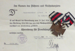 WK II MILITARIA - ORDEN EHRENKREUZ Für FRONTKÄMPFER Mit VERLEIHUNGSURKUNDE 1935 I-II - Weltkrieg 1939-45