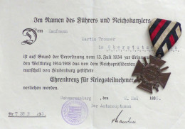 WK II MILITARIA - ORDEN EHRENKREUZ Für KRIEGSTEILNEHMER Mit VERLEIHUNGSURKUNDE 1935 I-II - Weltkrieg 1939-45