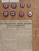 NSDAP Parteiabzeichen Schautafel Mit 2 Echten Abzeichen Und 6 Nachahmungen. Mit Zeitungsbericht Von 1939 Der Gauleitung  - Oorlog 1939-45