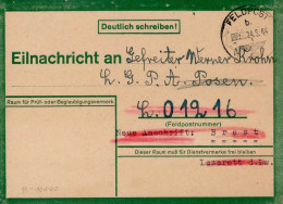 Feldpost WK II Eilnachrichtenkarte Grün 1944 Lebenszeichen An 01216 (1. Batt. Leichte Flak-Abt. 83) - Oorlog 1939-45