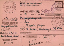 Feldpost WK II Postanweisung Von Saborsch Nach Krummau Vom 2. Mai 1945 (!) - Guerre 1939-45