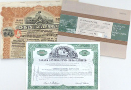 Aktien Lot Mit 3 Aktien. Dabei China 1913 Schuldverschreibung über 409 Mark Mit Coupons, Kanada 1954 100 Dollars Und Fra - Ehemalige Dt. Kolonien