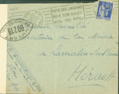 Guerre 40 YT Paix N°368 CAD + Flamme Nice 30 OCT 39 Censure Bande + Cachet OD 219 Nice - 2. Weltkrieg 1939-1945