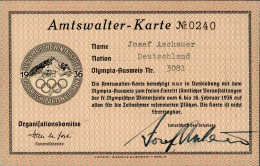 GARMISCH OLYMPIA 1936 WK II - AMTSWALTER-KARTE ! Freier Eintritt I - Giochi Olimpici
