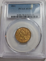 US GOLD COIN, 1861 P $5 HALF EAGLE, PCGS AU 58 - 5$ - Half Eagle - 1866-1908: Coronet Head