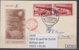 SAAR - 1953 - ILLUSTRATED CARD FOR ZURCH BALLOON POST 6 - FDC