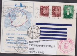 POLAR  - NORWAY - 1953- ROUND THE WORLD ILLUSTRATED FLIGHT CARD , VARIOUS POSTMARKS  - Events & Commemorations
