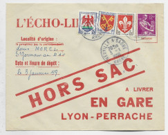 BLASON 1FR+2FR+5FR+ 12FR MOISSONNEUSE ENVELOPPE HORS SAC NEUVILLE 3.1.1959 + VERSO CONVOYEUR ROANNE A LYON - 1941-66 Stemmi E Stendardi