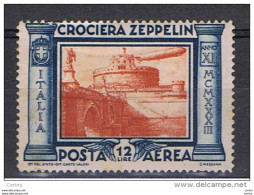 REGNO:  1933  P.A. ZEPPELIN  -  £. 12  AZZURRO  E  ARANCIO  L. -  LEGGERA  OSSIDAZIONE  -  SASS. 48 - Airmail