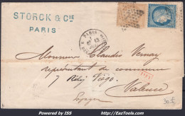 FRANCE N° 59+60C SUR LETTRE POUR L'ESPAGNE AVEC ETOILE DE PARIS 7 +CAD R. DES VLLES HAUDRtes DU 13/07/1872 - 1871-1875 Cérès