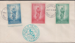 1946. PHILIPPINE ISLANDS. Complete Set INDEPENDENCE On Nice FDC Cancelled First Day Of Is... (Michel 458-460) - JF539432 - Filippine