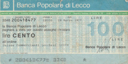 MINIASSEGNO BP LECCO L.100 UN COMM LECCHESI CIRC (VS589 - [10] Checks And Mini-checks