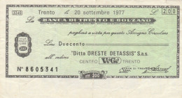 MINIASSEGNO BANCA TRENTO E BZ DITTA ORESTE DETASSIS CIRC (VS565 - [10] Checks And Mini-checks