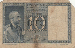 BANCONOTA ITALIA LIRE 10 1939 BIGLIETTO DI STATO VF (VS518 - Regno D'Italia – 10 Lire