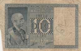 BANCONOTA ITALIA LIRE 10 1939 BIGLIETTO DI STATO VF (VS512 - Regno D'Italia – 10 Lire