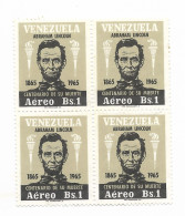 VENEZUELA 1966 ABRAHAM LINCOLN CENTENARY OF DEATH HISTORY BLOCK OF FOUR MNH - Venezuela