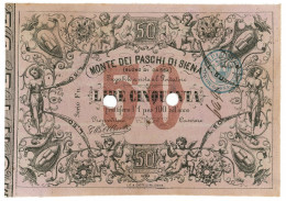 50 LIRE BUONO DI CASSA MONTE DEI PASCHI DI SIENA NON EMESSO 01/09/1871 SUP - Otros & Sin Clasificación