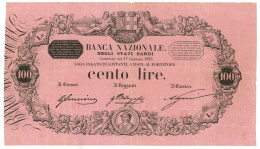 100 LIRE BANCA NAZIONALE NEGLI STATI SARDI VITTORIO EMANUELE II 17/01/1872 BB- - Sonstige & Ohne Zuordnung