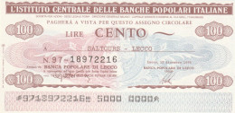 MINIASSEGNO IST.CENTR. BP ITALIANE 100 L. SALTOURS LECCO (A557---FDS - [10] Assegni E Miniassegni