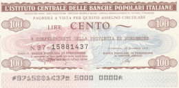 MINIASSEGNO IST.CENTR. BP ITALIANE 100 L. CONFES PN (A502---FDS - [10] Assegni E Miniassegni