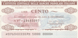 MINIASSEGNO IST.CENTR. BP ITALIANE 100 L. UN ARTIG LODI (A471---FDS - [10] Cheques Y Mini-cheques