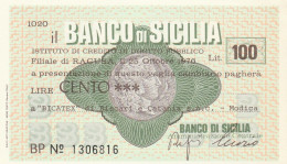 MINIASSEGNO BANCO DI SICILIA 100 L. BICATEX (A373---FDS - [10] Assegni E Miniassegni