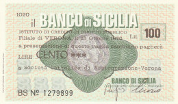 MINIASSEGNO BANCO DI SICILIA 100 L. SOCIETA CATTOLICA ASSIC VR (A374---FDS - [10] Assegni E Miniassegni