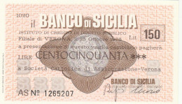 MINIASSEGNO BANCO DI SICILIA 150 L. SOCIETA CATTOLICA ASSIC (A353---FDS - [10] Assegni E Miniassegni