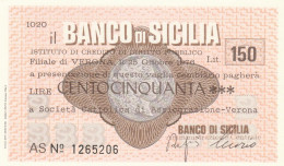 MINIASSEGNO BANCO DI SICILIA 150 L. SOCIETA CATTOLICA ASSIC (A351---FDS - [10] Assegni E Miniassegni