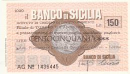 MINIASSEGNO BANCO DI SICILIA 150 L. ASS PIEMONTESE ORTOFLOROFRUT. (A338---FDS - [10] Chèques